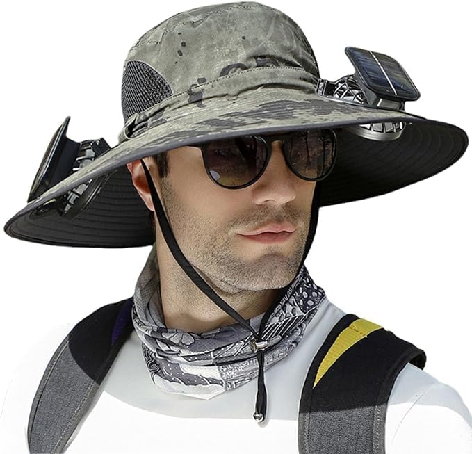 Solar Fan Hat, Wide Brim Solar Fan Outdoor Fishing Hat with 2 Fans Solar Power, Waterproof Outdoor Hiking Camping Fishing Hat Grey