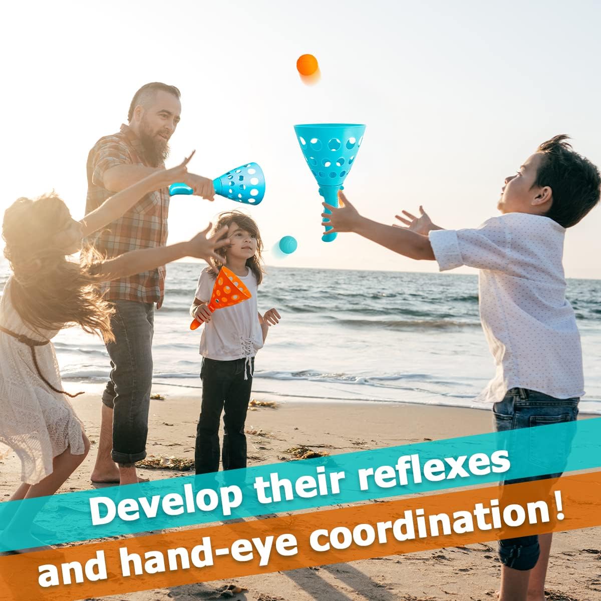 Pop and Catch Ball Game with 24 Balls and 4 Catch Launcher Baskets - Outdoor Indoor Game Activities, Easter Basket Stuffers Gifts Beach Sport Summer Beach Toys