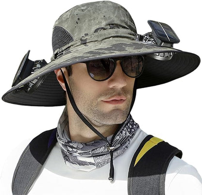 Solar Fan Hat, Wide Brim Solar Fan Outdoor Fishing Hat with 2 Fans Solar Power, Waterproof Outdoor Hiking Camping Fishing Hat Grey