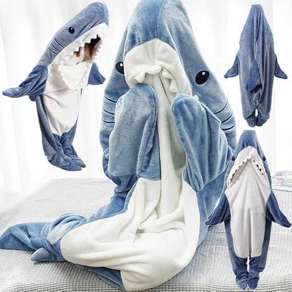 Shark Blanket Hoodie Onesie for Adult & Kid, Wearable Shark Sleeping Bag, Soft Cozy Onesie Costume