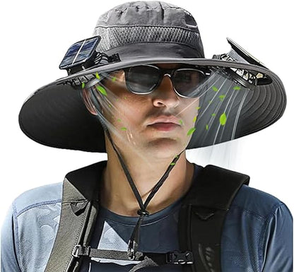 Solar Fan Hat, Wide Brim Solar Fan Outdoor Fishing Hat with 2 Fans Solar Power, Waterproof Outdoor Hiking Camping Fishing Hat Grey