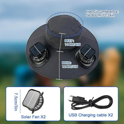 Solar Fan Hat, Wide Brim Solar Fan Outdoor Fishing Hat with 2 Fans Solar Power, Waterproof Outdoor Hiking Camping Fishing Hat Grey