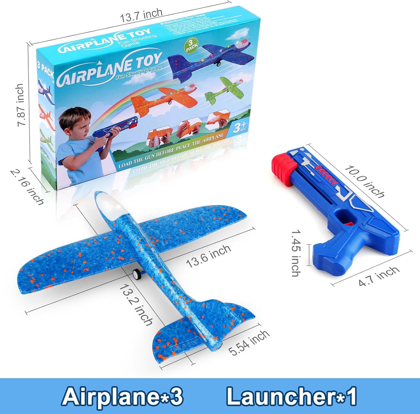 3 Pack Airplane Launcher Toys, 13.2'' LED Foam Glider Catapult Plane Toy for Boys, 2 Flight Modes Outdoor Flying Toys Birthday Gifts for Boys Girls