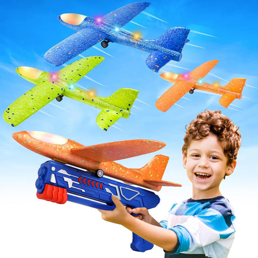 3 Pack Airplane Launcher Toys, 13.2'' LED Foam Glider Catapult Plane Toy for Boys, 2 Flight Modes Outdoor Flying Toys Birthday Gifts for Boys Girls