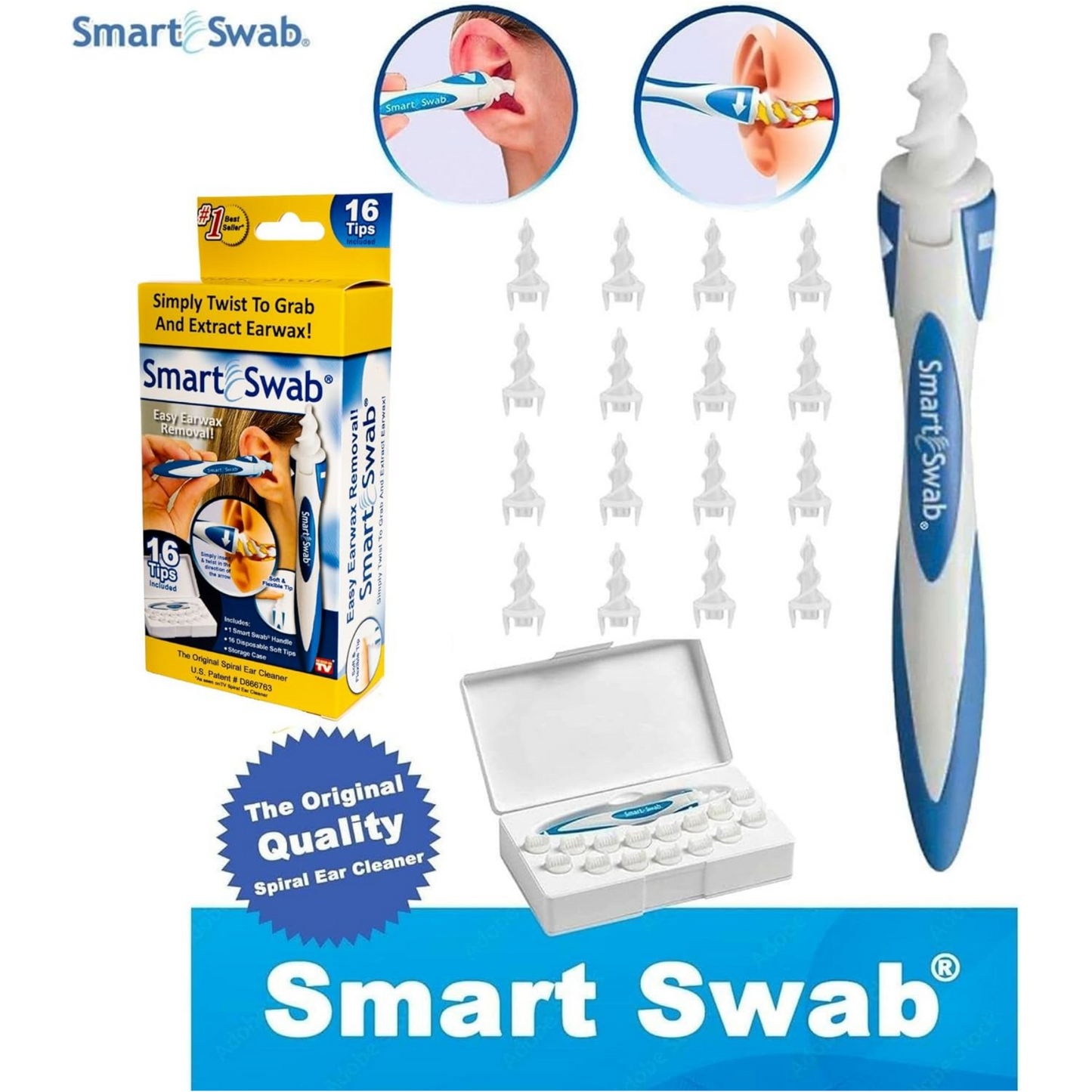 Ear Cleanser Tool – Spiral Earwax Remover – 16 Soft Replaceable Tips