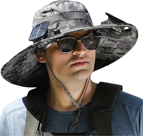 Solar Fan Hat, Wide Brim Solar Fan Outdoor Fishing Hat with 2 Fans Solar Power, Waterproof Outdoor Hiking Camping Fishing Hat Grey