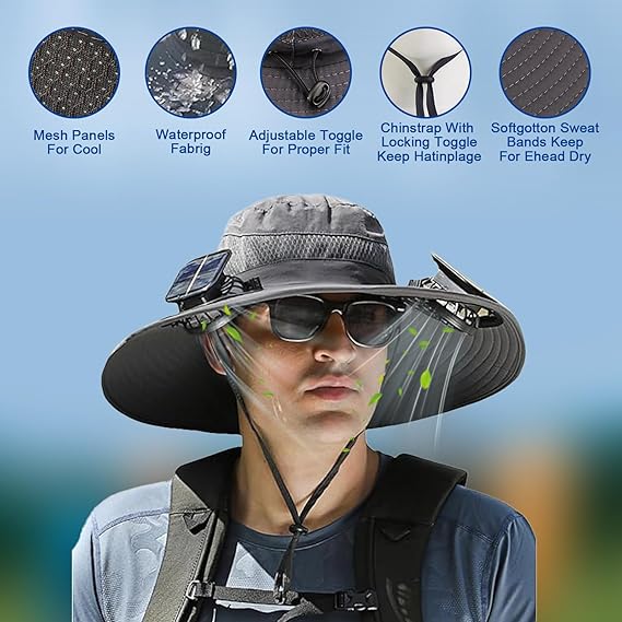 Solar Fan Hat, Wide Brim Solar Fan Outdoor Fishing Hat with 2 Fans Solar Power, Waterproof Outdoor Hiking Camping Fishing Hat Grey