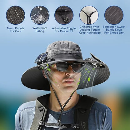 Solar Fan Hat, Wide Brim Solar Fan Outdoor Fishing Hat with 2 Fans Solar Power, Waterproof Outdoor Hiking Camping Fishing Hat Grey
