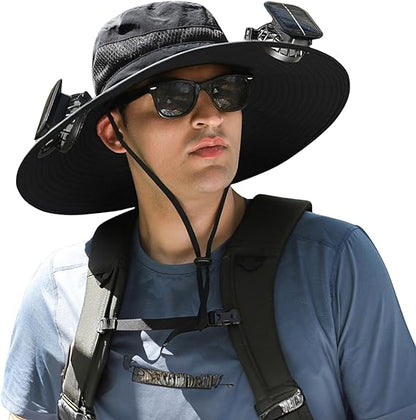 Solar Fan Hat, Wide Brim Solar Fan Outdoor Fishing Hat with 2 Fans Solar Power, Waterproof Outdoor Hiking Camping Fishing Hat Grey