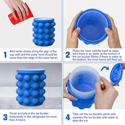 Ice Cube Mold Ice Trays, Large Silicone Ice Bucket, (2 in 1) Ice Cube Maker, Round,Portable (Dark blue)