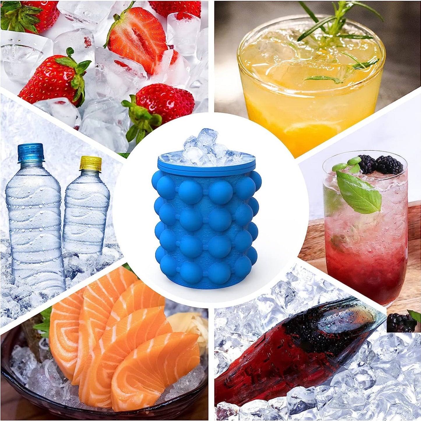 Ice Cube Mold Ice Trays, Large Silicone Ice Bucket, (2 in 1) Ice Cube Maker, Round,Portable (Dark blue)