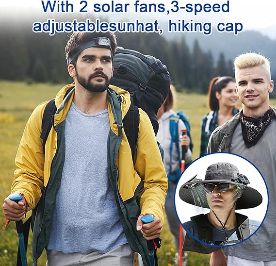 Solar Fan Hat, Wide Brim Solar Fan Outdoor Fishing Hat with 2 Fans Solar Power, Waterproof Outdoor Hiking Camping Fishing Hat Grey