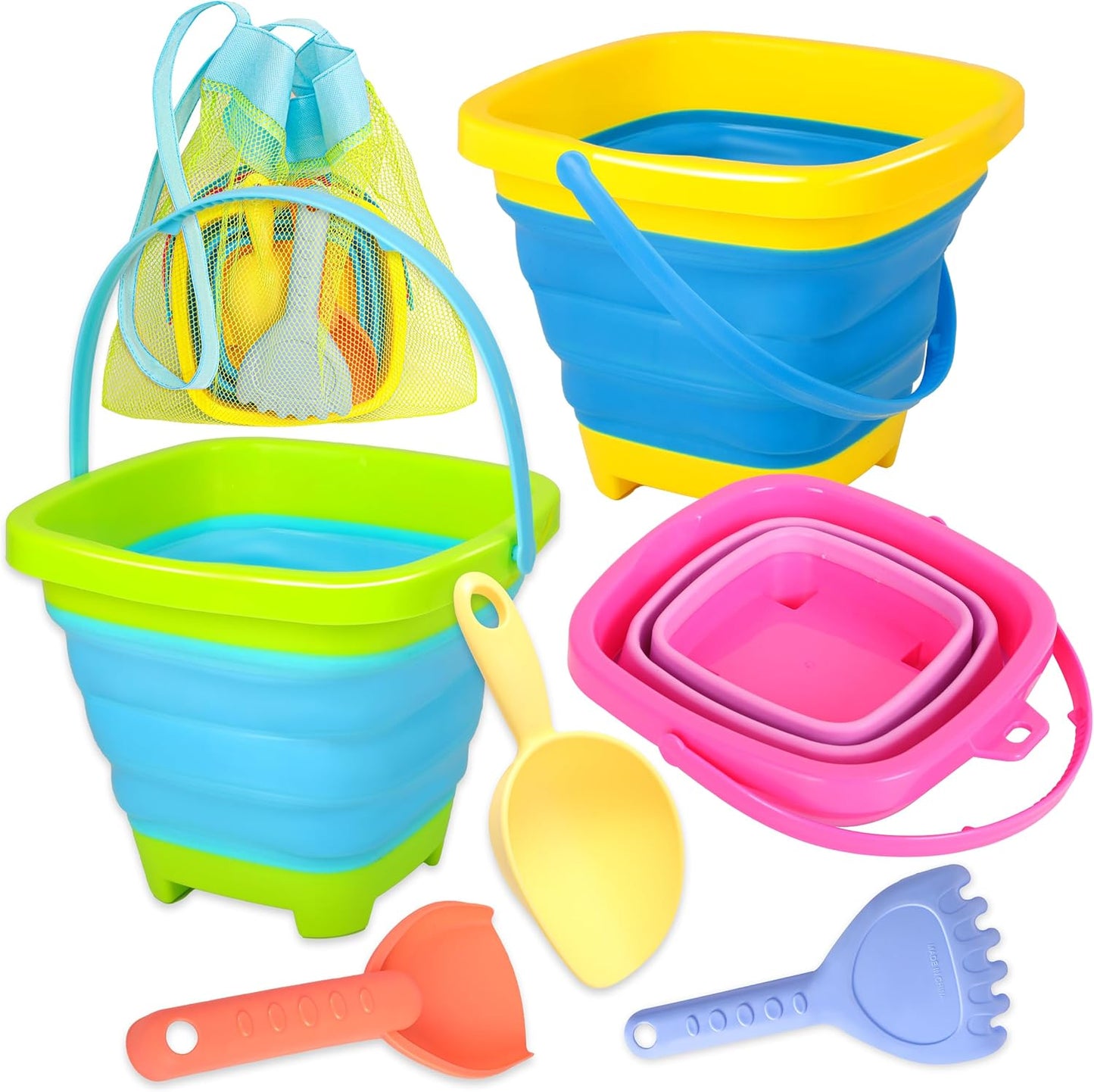 Collapsible Beach Sand Bucket 3 Packs Foldable Buckets Set with Shovels & Mesh Bag Collapsible Beach Toys for Kids