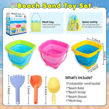 Collapsible Beach Sand Bucket 3 Packs Foldable Buckets Set with Shovels & Mesh Bag Collapsible Beach Toys for Kids