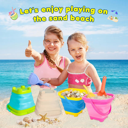 Collapsible Beach Sand Bucket 3 Packs Foldable Buckets Set with Shovels & Mesh Bag Collapsible Beach Toys for Kids