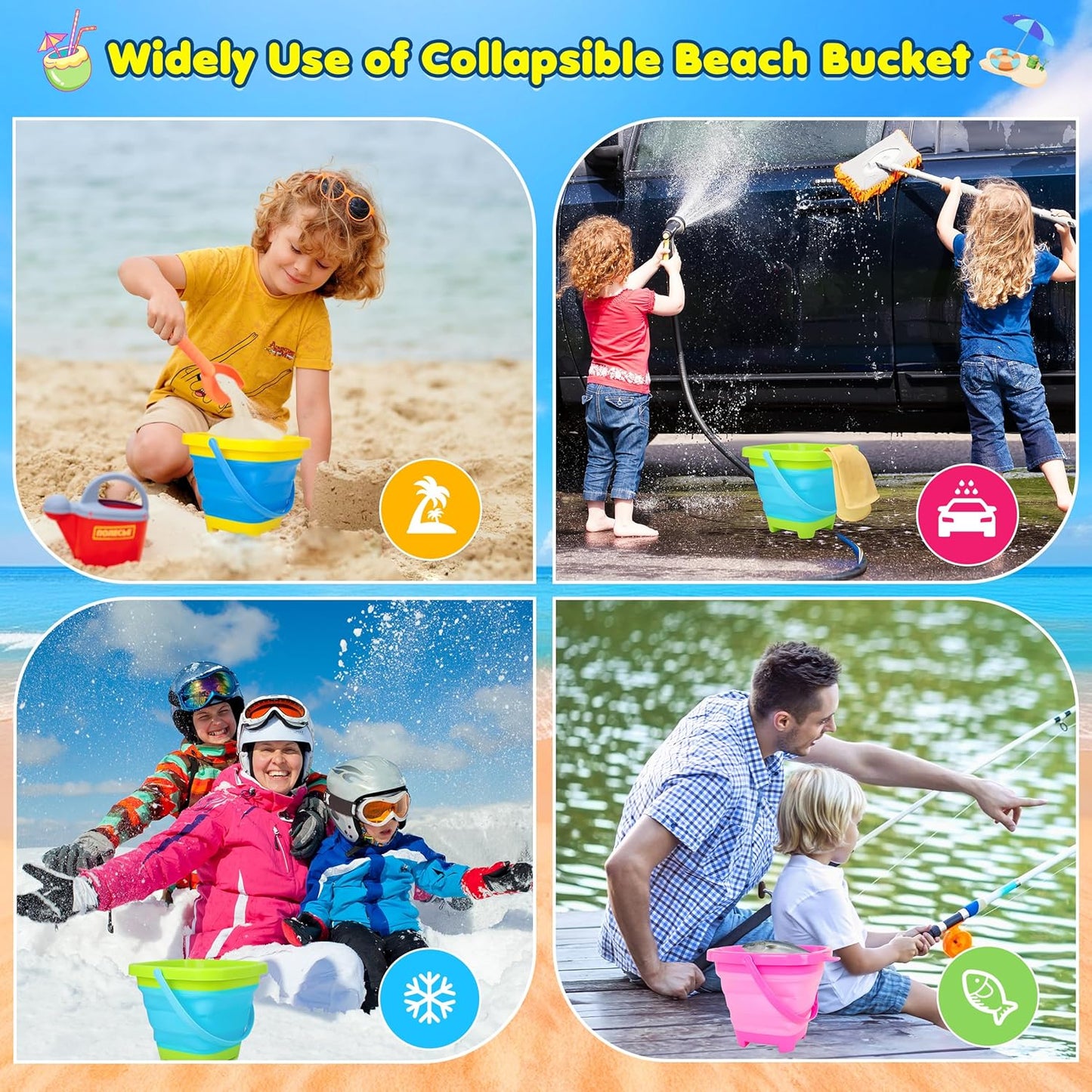 Collapsible Beach Sand Bucket 3 Packs Foldable Buckets Set with Shovels & Mesh Bag Collapsible Beach Toys for Kids