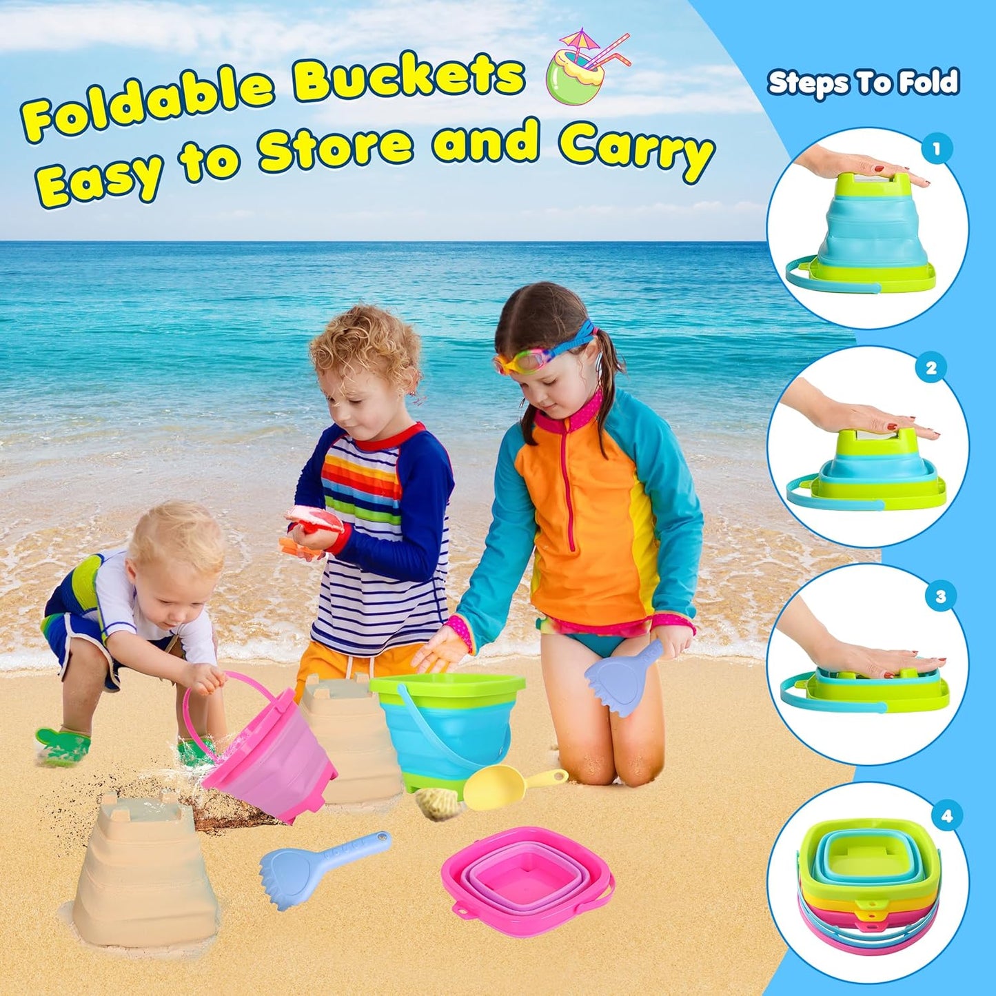 Collapsible Beach Sand Bucket 3 Packs Foldable Buckets Set with Shovels & Mesh Bag Collapsible Beach Toys for Kids