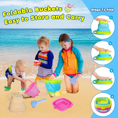 Collapsible Beach Sand Bucket 3 Packs Foldable Buckets Set with Shovels & Mesh Bag Collapsible Beach Toys for Kids